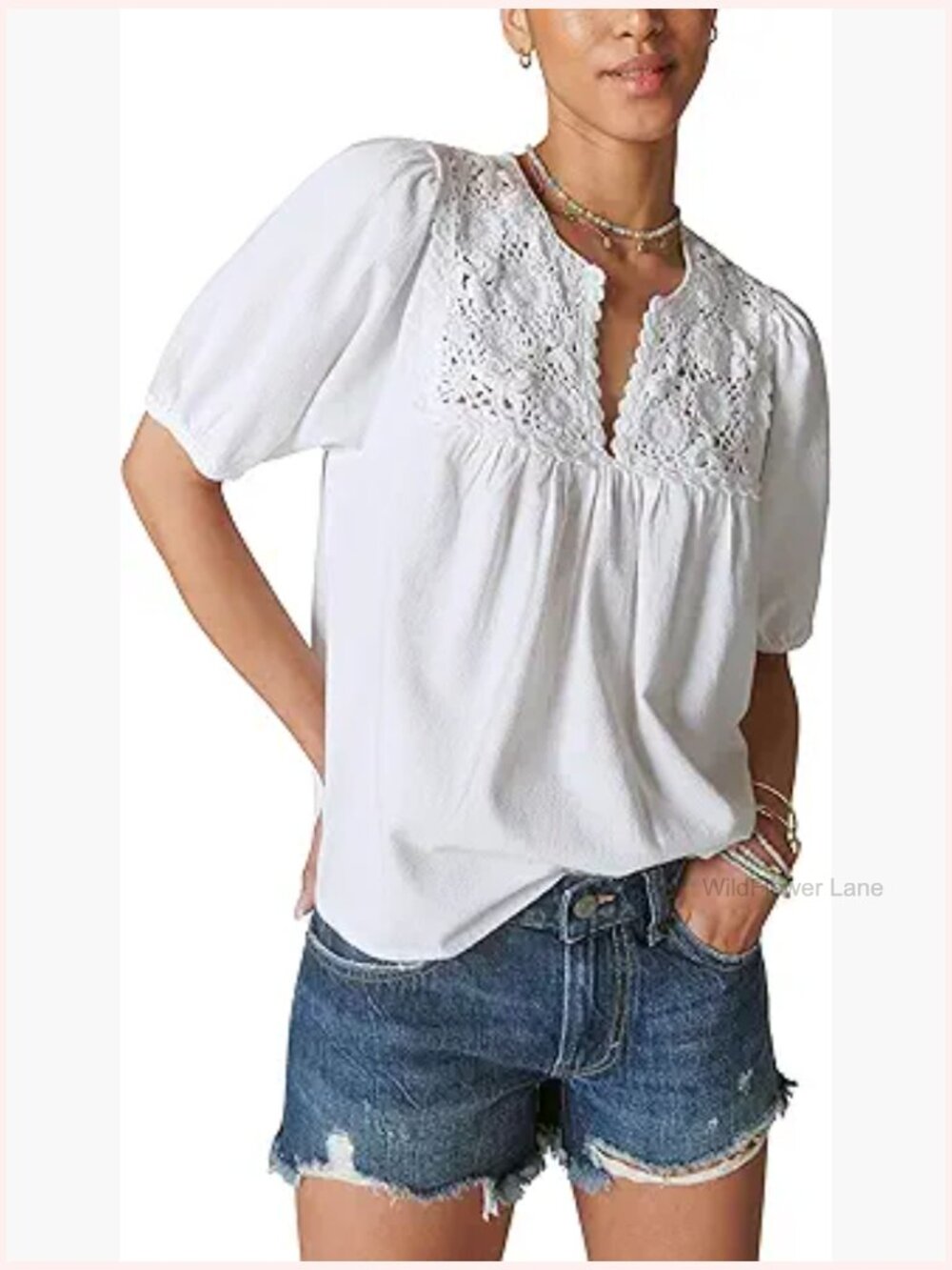 Women's Crochet Short Sleeve Peasant Top Blouse Cotton Button Down